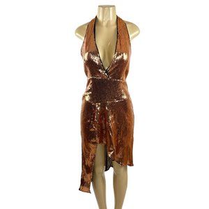 Lovers + Friends Duchess Dress Size S Gold Sequin Asymmetric Hem Halter Cocktail